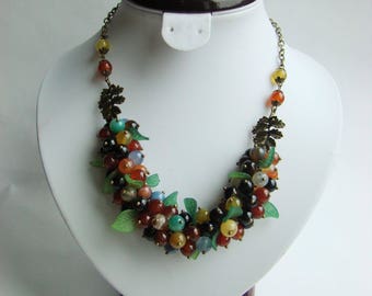 Orange green necklace Berries beaded necklace Summer fruit necklace Leaves necklace Flora jewelry Agate stone necklace Statement necklace