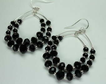 Black Crystal Silver Hoop Earrings, Double Hoop Earrings, Bohemian Style, Thin Delicate Hoop Earrings