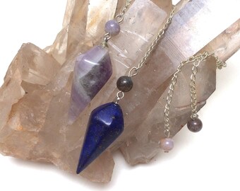 Amethyst & Lapis Lazuli gemstone crystal with Agate dowsing pendulums