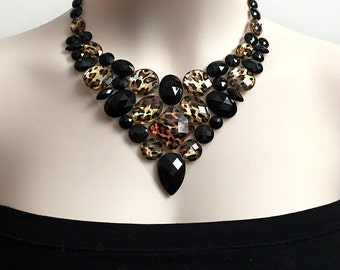 leopard bib necklace - leopard and jet black color rhinestone bib necklace