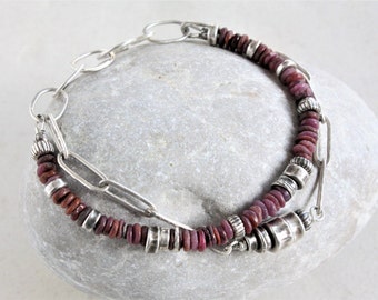 Raw ruby bracelet, oxidized sterling silver chain, multi strand bracelet, oxidized silver bracelet, handmade chain, made to order