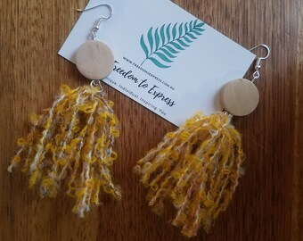 Tassel earrings - yellow wool with wooden bead