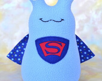 Handmade Super Slug Stuffed Animal, Baby Blue, Royal, Red Fleece, Plush Kids Baby Toddler Art Toy, Hug Me Slug, Personalized Tag, 9 inch