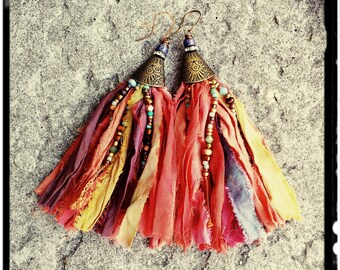 Sari Silk Tassel Earrings - Boho//Gypsy Recycled Silk Earrings - Colorful Silk//Beads//Aged Gold Tassel Caps - Purple/Orange/Gold/Pink