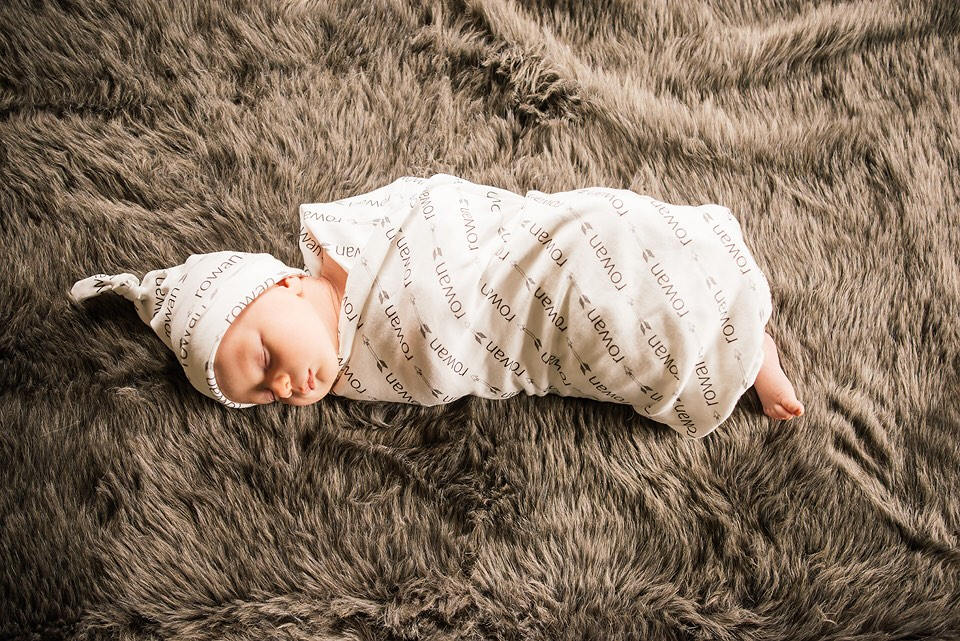 Personalized Swaddle and Top Knot Hat Set in Organic Cotton