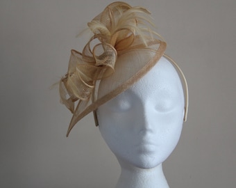 Champagne Gold Fascinator Sinamay and Feather Fascinator on a hairband, races, weddings, Kentucky Derby, Ascot, Mother of Bride