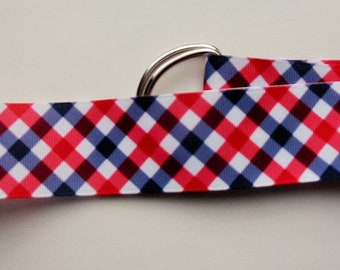 RED WHITE BLUE Checks Plaid Ribbon Belt /Preppy / Grosgrain /D Ring/ 1.5 in/ X S / S / M/L /Womens/ Boys /Girls/Mens/Kids