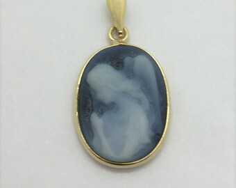 14k Yellow Gold Carved Blue Agate Guardian Angel Cameo Pendant Made in Italy