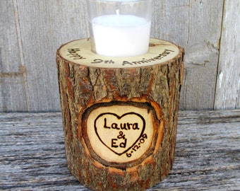 9th Anniversary Candle of Rustic Willow Wood Inscribed with Your Names in a Heart Large Version