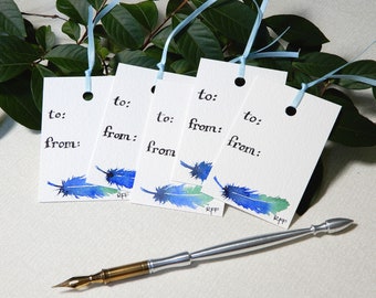 Hand-painted Blue Feather Gift Tags