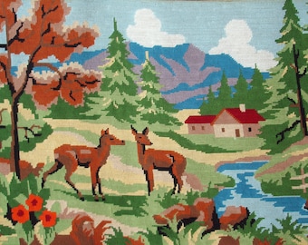Lovely vintage French needlepoint tapestry canvas - Two does