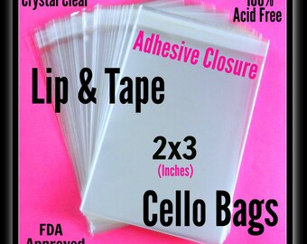 100 ( 2x3 ) Lip & Tape Cello Bags .. Clear Bags, Self Sealing, Small Cello Bags, Adhesive Cello Bags, Adhesive 2x3 Bags