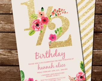 Half Birthday Invitation - Gold Glitter Floral Watercolor 1/2 Birthday Invitation - Instant Download and Edit at home with Adobe Reader