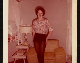 Vintage Color Snapshot Photo Pretty Young Woman Modeling in Her First Leotards 1950's, Original Found Photo, Vernacular Photography