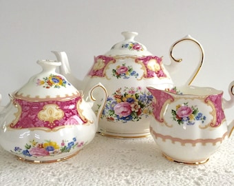 Large Royal Albert Lady Carlyle Tea Set Teapot, Creamer & Sugar