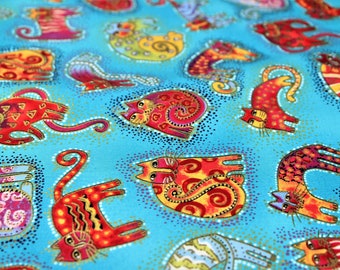 Laurel Burch Rare Oop FABULOUS FELINES Tossed Metallic Cats on Turquoise Fabric - BTHY