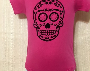 Sugar Skull, Dia de los Muertos, Frida, Pink baby bodysuit or shirt