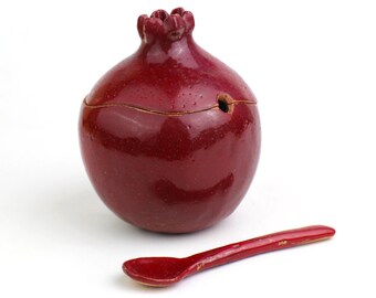 Handmade red pomegranate sugar bowl, ceramic sugar bowl, sugar bowl with spoon, handmade bowl, pomegranate ceramic, ceramics and pottery