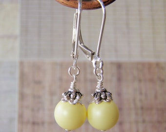 Yellow Earrings Sterling Silver Lever Back Ear Wires 8mm Swarovski Pearl Dangle