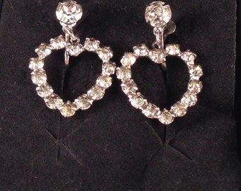 Vintage Rhinestone Silver Heart Screw On Earrings .75 Inches long and .5 Inches Wide, Pronged Rhinestones, Previously 25 Dollars ON SALE