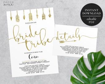 Printable Bride Tribe Invitation | Editable PDF | Bachelorette | Hens Party | Hens Weekend | Gold Foil | Arrows | Bride Tribe Invitation