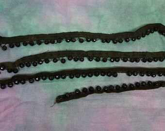 Antique Victorian Black Glass Faceted Beads/Buttons on Original Fabric Tape Trim
