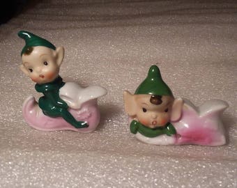 Vintage Hand Painted Set of Christmas Pixie Elves Sitting on Boots Figurines