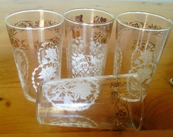 Four Vintage Federal Glass Drinking Glasses with Gold Decor