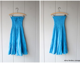 80s Halter Dress Blue Cotton Ruched Summer Sun Dress Strapless Vintage Midi Tiered Dress Womens Small Medium