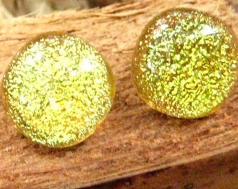 Yellow Glass Earrings, Yellow Dichroic Post Earrings, Fused Glass Earrings, Lemon Yellow Dichroic Fused Glass Button Earrings