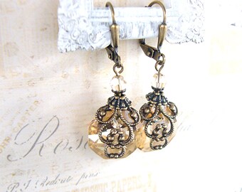 Champagne Crystal Earrings - Neo Victorian Vintage Inspired Swarovski Crystal Bronze Golden Antiqued Brass Filigree Renaissance Jewelry