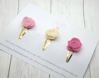 Baby/Girl Felt Rose Hair Clip Set-Christening -Baby Clips -Girls Clip - Rose Snap Clip - Baby Fringe Clip - Hair Clip Set -Wedding Hair Clip