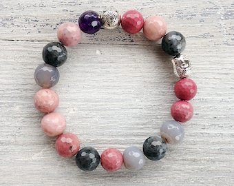 Multicolor stretch bracelet / Gray pink gemstone bracelet / Amethyst bracelet / Agate bracelet / Rhodonite bracelet