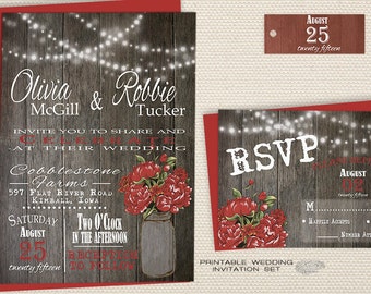 Printable Rustic Wedding Invitation Set, Fall Wedding Invite, Mason Jar Wedding Invitation, Red Peonies, Wood, String Lights Country Wedding