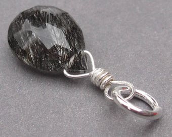 Black Rutilated Quartz Charm, Healing Stone, Charm for Bracelet, Sterling Silver Wire Wrapped Pendant, Silver Necklace Charm, Stone 114