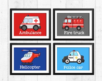 Rescue vehicles prints, boys nursery prints, transportation decor, boys wall decor, trucks car art prints, fire truck, police car, A-4027