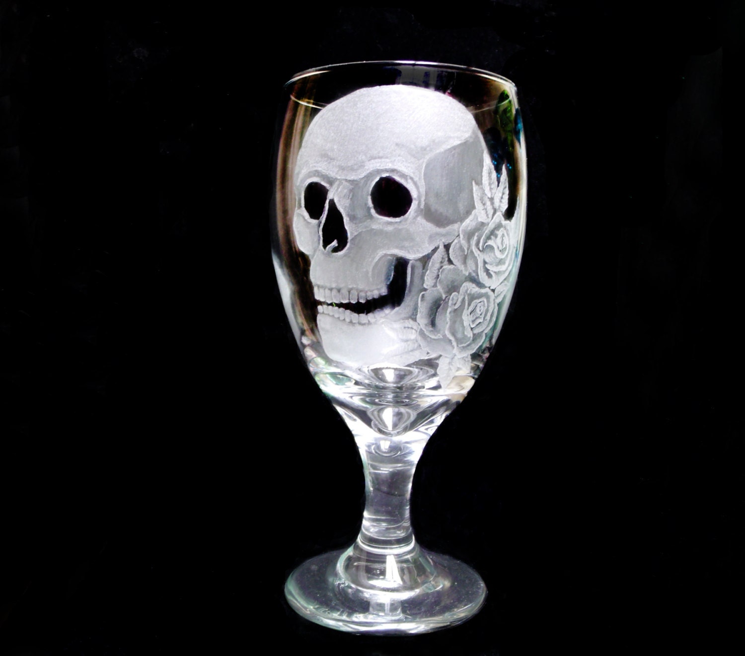 wine glasses skulls and roses set of two hand engraved glass