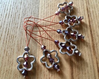 Knitting Stitch Markers, Snag Free Stitch Markers Set of 6, Pink Crystal, Flower Charm, Knitting Tools, Gift for Knitters, Yarn Lover