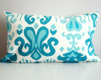 Ikat Pillow Cover- 12x24 Turquoise Decorative Pillow Lumbar
