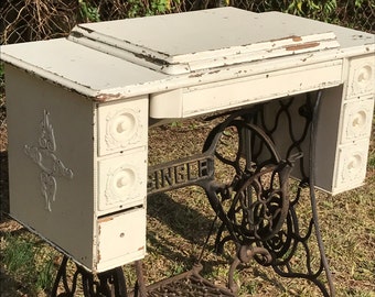 Vintage Singer Sewing Machine Treadle Table Repurposed Entryway Table Shabby Chic Industrial Upcycled