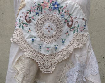 HALTER TOP uk 10/12 embroidered, magnolia ivory, floral embroidery, vintage textiles crochet lace, up-cycled