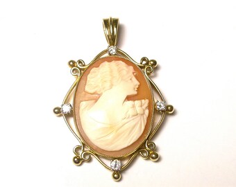 Vintage Cameo Pendant Carved Shell - 14k Yellow Gold and Diamonds - Portrait - 4 Diamonds - Weight 8.3 Grams # 848