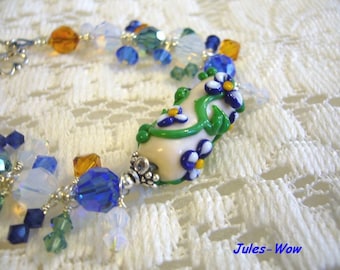 SALE - Summertime Blue And Green Lampwork Sterling Bracelet Free Shipping in USA