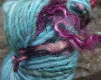 Handspun art yarn, handpainted wool yarn, Polwarth wool and mohair locks-Serendipity