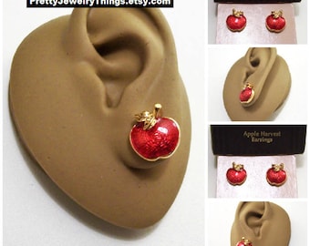 Avon Red Harvest Apple Pierced Stud Earrings Gold Tone Vintage 1994 Clear Glaze Pebbled Back Curved Stem Round Buttons Surgical Steel Posts