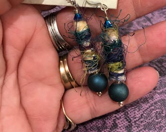 Fiberlicious Fuzzy Earrings - Teal tan brown