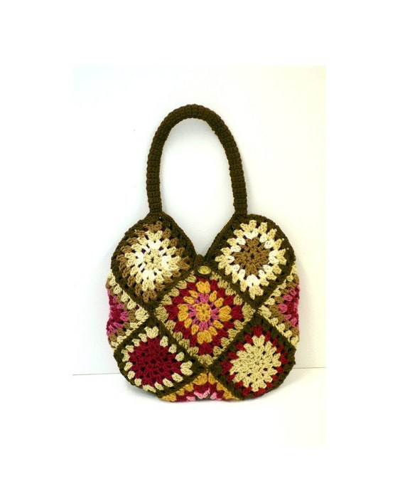 Items similar to Crochet granny square handbag in brown, beige, red and ...