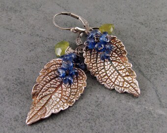 Mint leaf earrings, handmade eco friendly fine silver leaves with Kyanite and vesuvianite-OOAK envy designs original