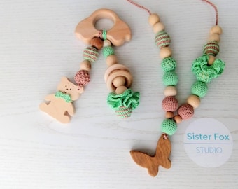 Nursing set Teething necklace and Toy Crochet Breastfeeding necklace pendant Wooden Teether Baby shower gift Crochet Mother's day sale