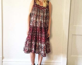 20% OFF SALE Vintage 70s Cotton Gauze Dress , BOHO Hippie Sun Dress , Kaiser Block Print Dress